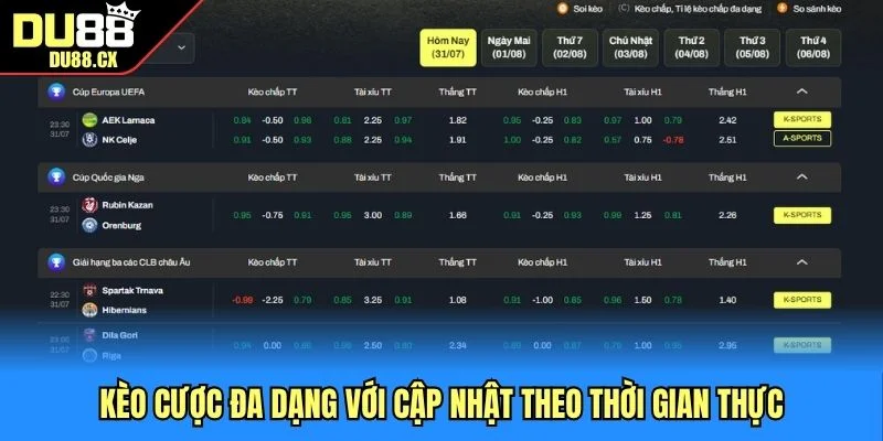 Kèo cược đa dạng với cập nhật theo thời gian thực
